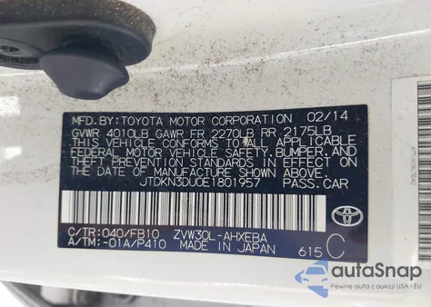 2014 Toyota Prius Two из США, поврежденный, VIN JTDKN3DU0E1801957